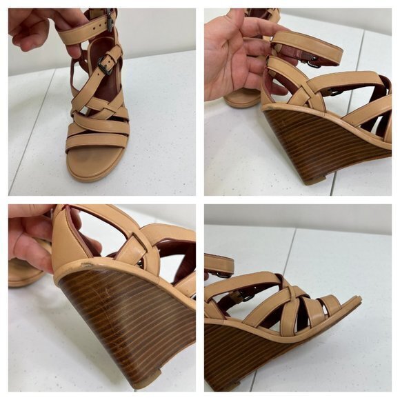 Coach Dawn‎ Wedges 6 B Leather Strappy Beige Heels Sandals Ankle Gladiator Brown - Picture 6 of 9
